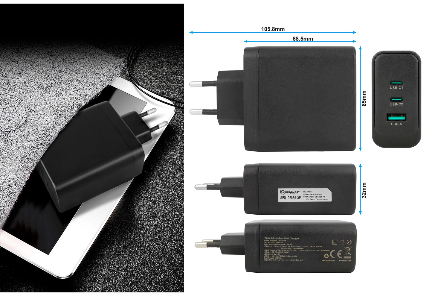 100W GaN 3-Port Fast Charger | USB-C PD Wall Charger for Laptop, MacBook, iPhone & Samsung