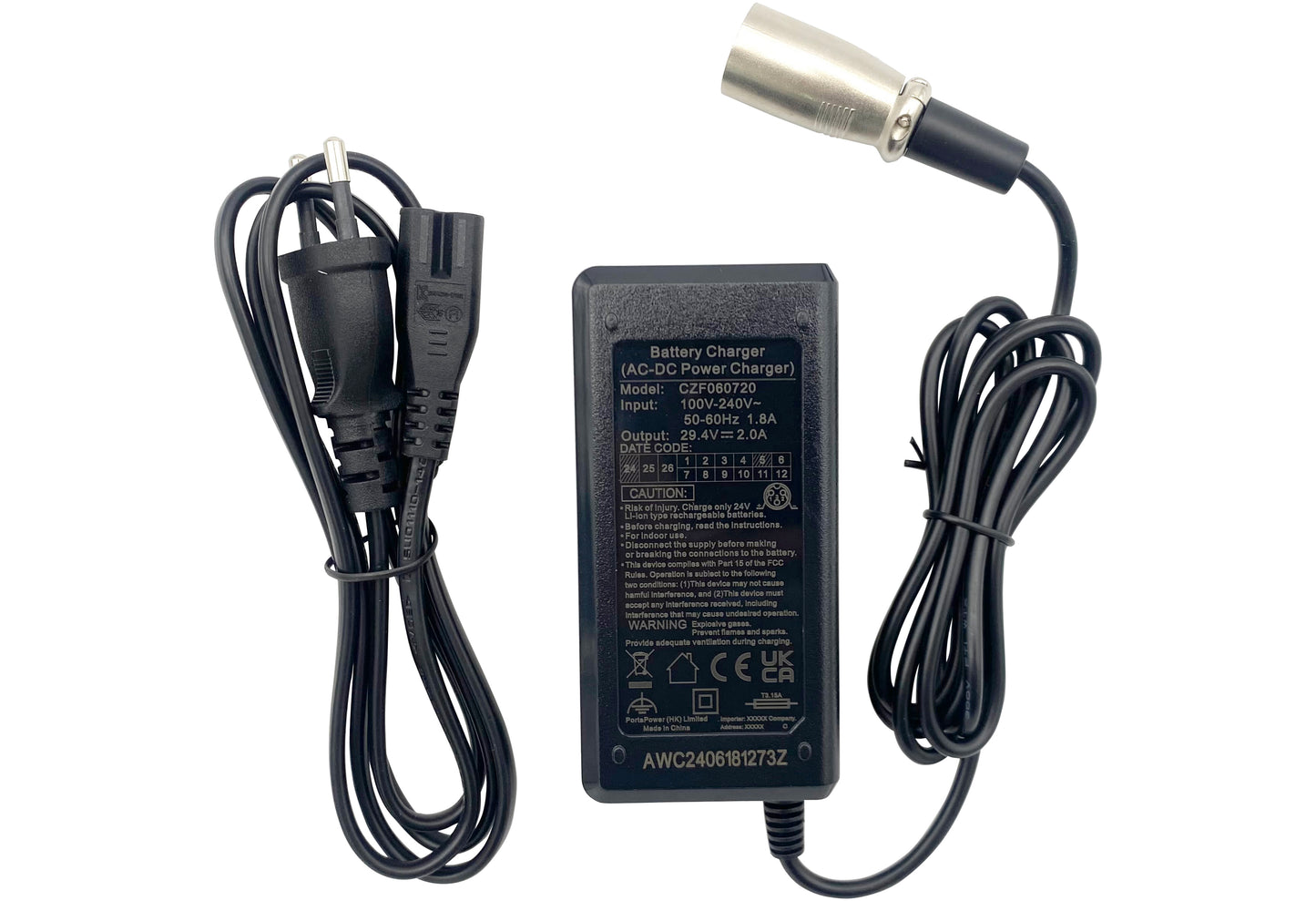 2A 29,4V Lader voor 24V E-bike accu's met XLR-3 connector