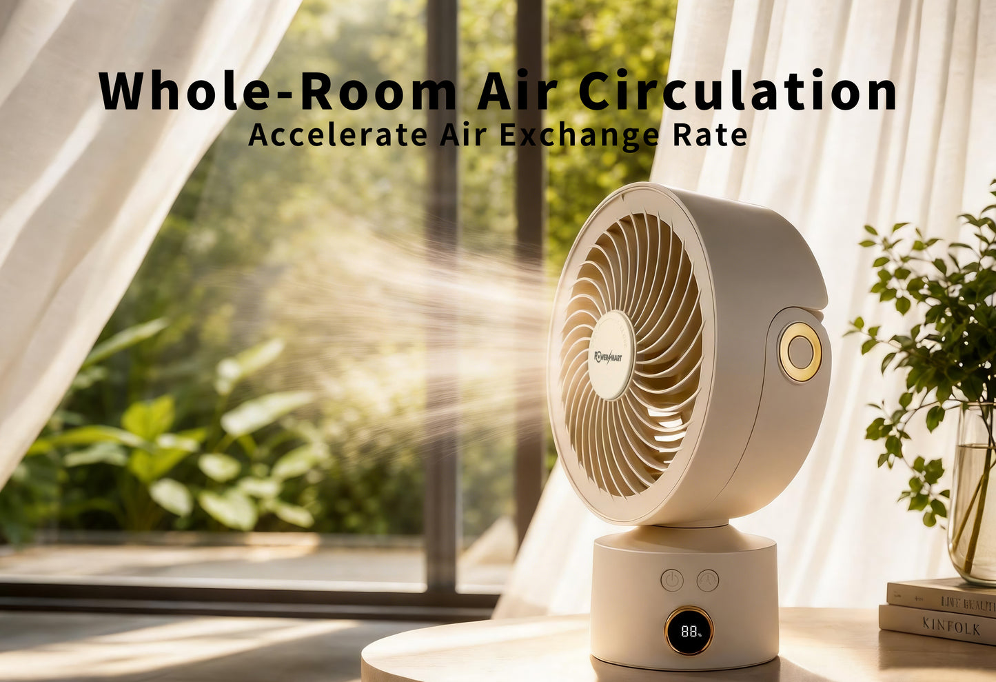 Bezdrátový 3D stolní ventilátor s cirkulací vzduchu | Aromaterapie, chytrý displej a osobní chlazení