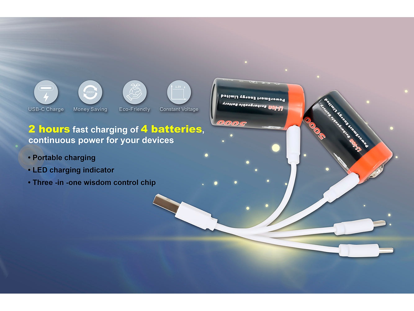 USB C Li-ion oplaadbare batterij, 4-pack 1,5 V 5000 mWh met type C-poort