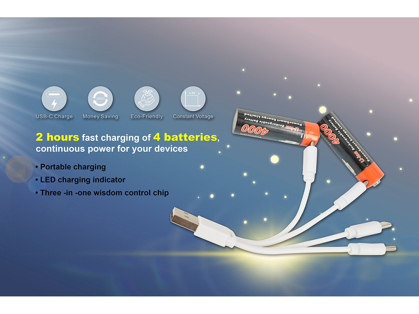 USB AA Li-ion oplaadbare batterij, 4-pack 1,5 V 4000 mWh met type C-poort