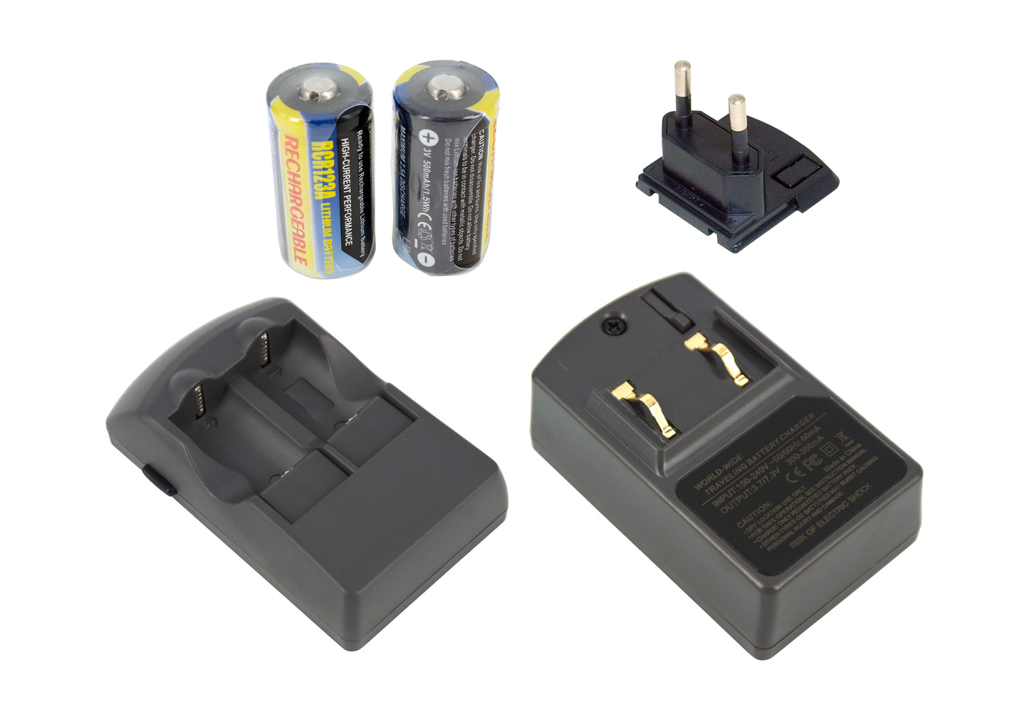 100-240V Input CR123A Battery Charger Kit with 2pcs Batteries for Maginon