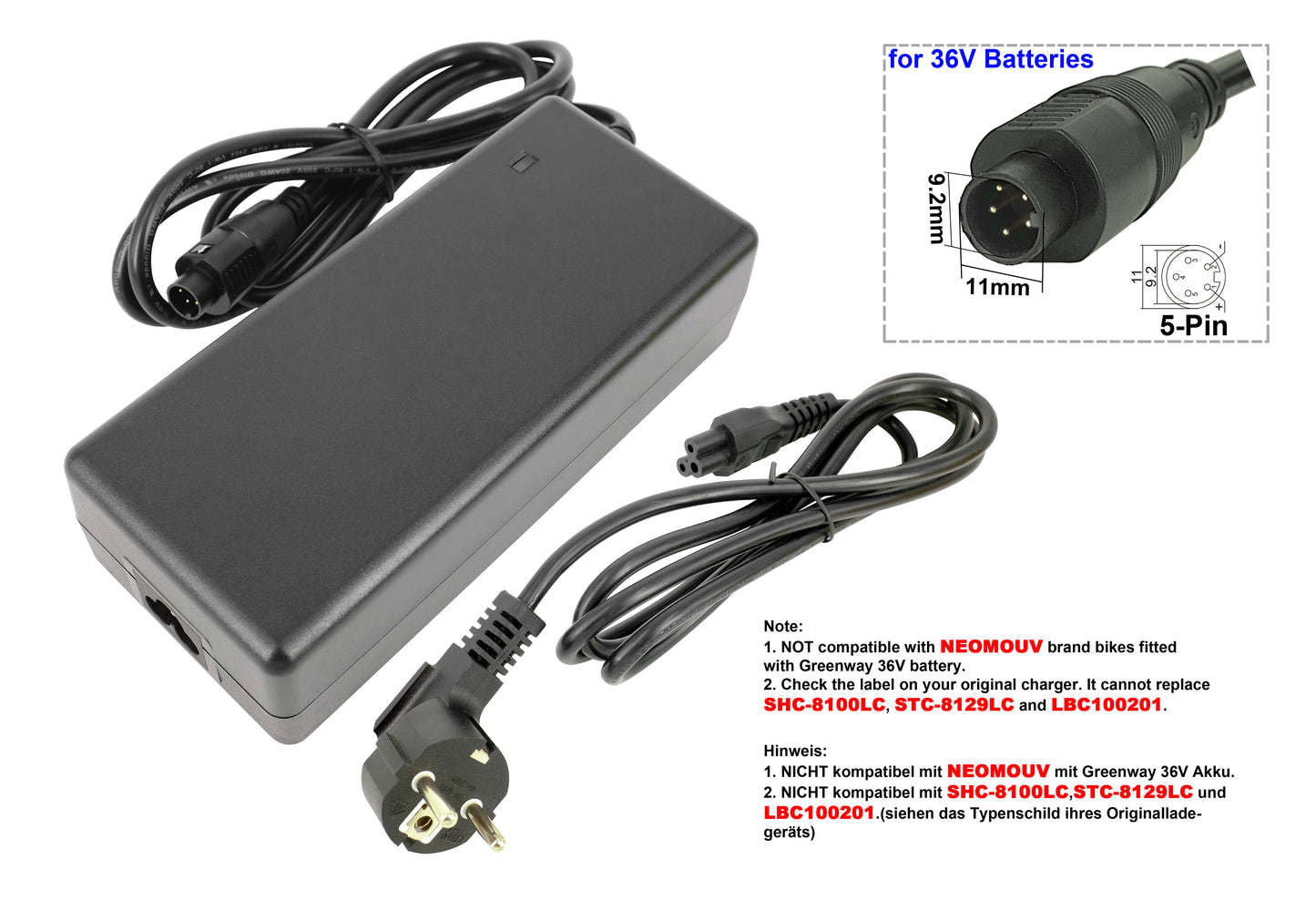 42V 2A E-Bike Charger for 36V Batteries (5-Pin SVD Plug) | Fits Phylion, Joycube, Batavus, Crescent & Gitane