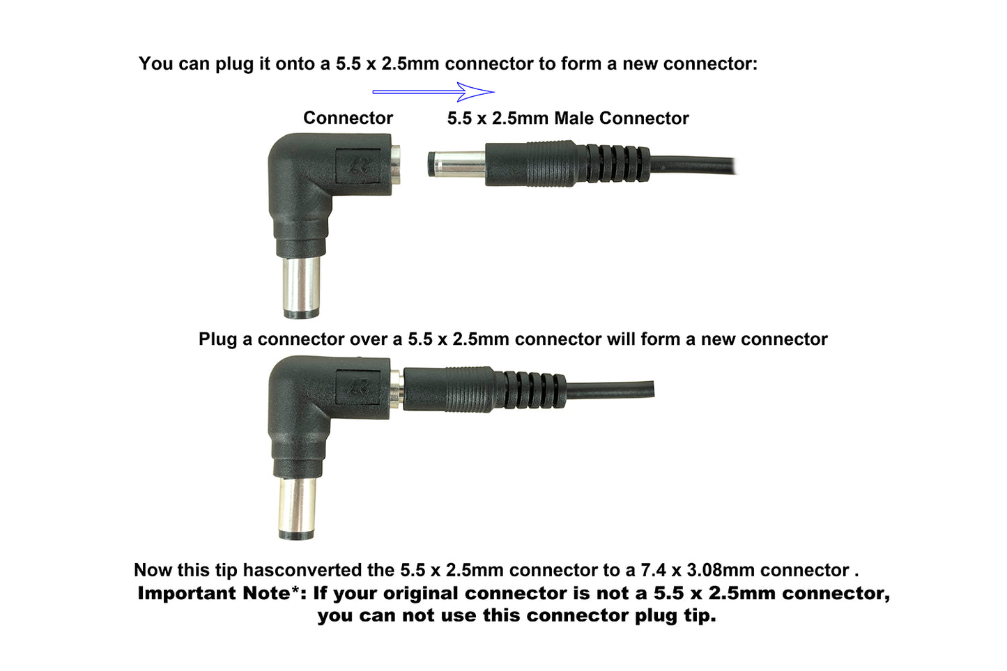 C27 DC Power Adapter Connector Tip: 5.5mm x 2.5mm Female Jack to 7.4mm x 5.08mm Male Plug for Dell with Smart Micro-Chip