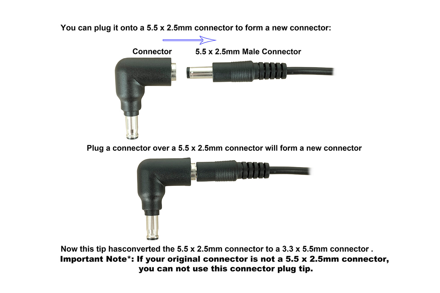 C2 DC Power Adapter Connector Tip: 5.5mm x 2.5mm Female Jack to 5.5mm x 3.3mm Male Plug with Center Pin