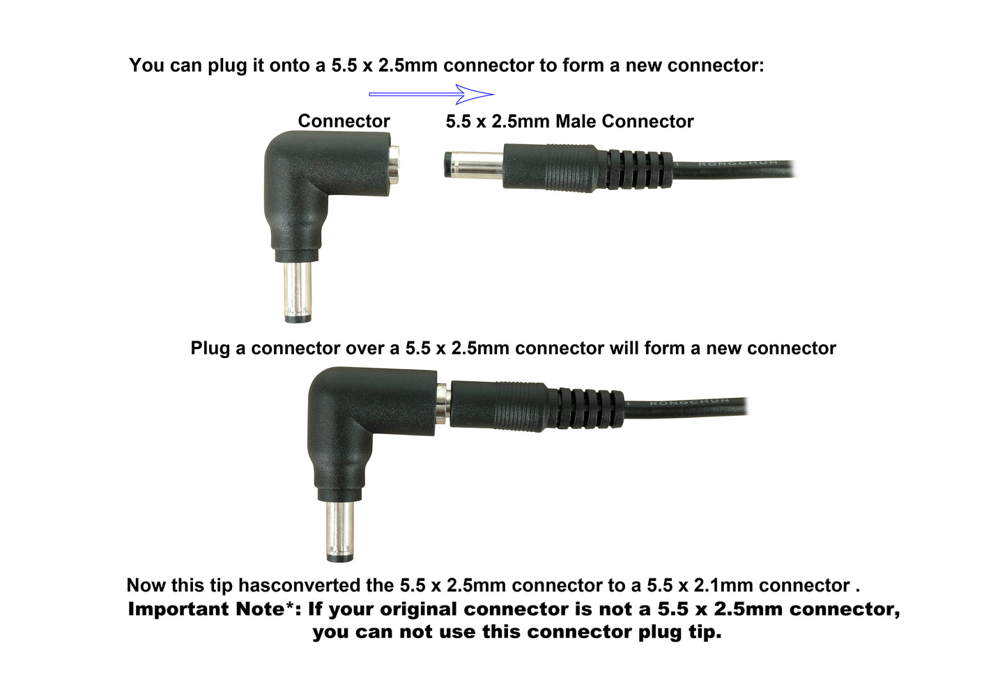 C3 DC Power Adapter Connector Tip: 5.5mm x 2.5mm Female Jack to 5.5mm x 2.1mm Male Plug